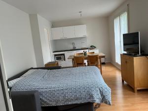 1 dormitorio con 1 cama y cocina con mesa en Studio rénové avril 2024 wifi et parking, en Le Port-Marly