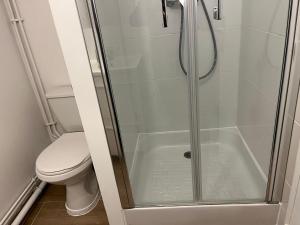 a shower with a glass door next to a toilet at Studio rénové avril 2024 wifi et parking in Le Port-Marly
