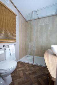 a bathroom with a toilet and a shower and a sink at Stewarts Resort Lodge 16 in St. Andrews +15 photos