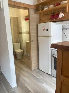 a kitchen with a white refrigerator and a toilet at Chalet Rekiano à Samoens - 5 pers in Samoëns