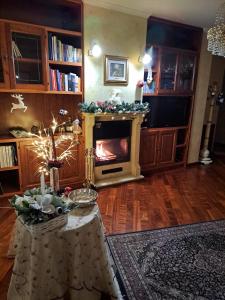 a living room with a fireplace and a table with fireworks at Sosta in Sila in Spezzano Piccolo