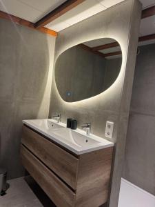 a bathroom with a sink and a mirror at Koetsementen appartementen met strandcabine in Domburg