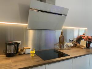cocina con encimera y fregadero en Riverside duplex penthouse, en Girona