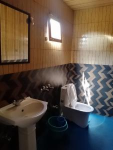 a bathroom with a toilet and a sink at Milam Cottage in Leh