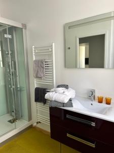 a bathroom with a sink and a mirror at Ermitage de Peyreleau in Peyreleau