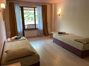 Habitación de hotel con 2 camas y ventana en AMADINA GARDEN - Bed & Breakfast or Half Board en Lozenets