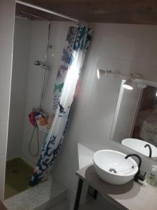 a bathroom with a sink and a shower curtain at Apparemment ChezTony Vue Montagne Eaux-Bonne Gourette in Eaux-Bonnes