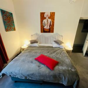 - une chambre avec un grand lit et un oreiller rouge dans l'établissement Mirepoix Labyrinthe chambre avec salle de bain et lit 180 cm, à Mirepoix