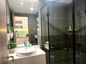 a bathroom with a sink and a glass shower at Sam's homestay- Swan lake studio apartment in Kim Quan