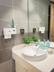 a bathroom with a sink and a mirror at Sam's homestay- Swan lake studio apartment in Kim Quan