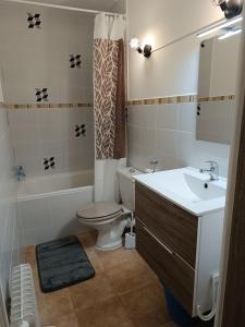 a bathroom with a toilet and a sink and a tub at Studio agréable tout confort in Les Angles
