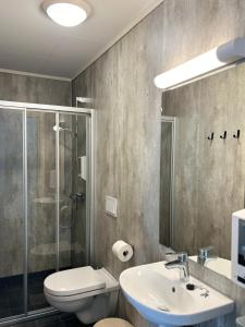 ein Bad mit einem WC, einem Waschbecken und einer Dusche in der Unterkunft Brekke Apartments in Flåm