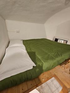 um quarto com uma cama verde e branca num quarto em La palazzina em Turim