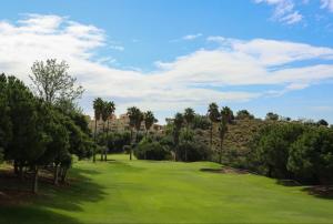 - une vue sur un parcours de golf avec des palmiers dans l'établissement La Marina Beach 3 bedrooms Sun & Golf, à Torre de Benagalbón