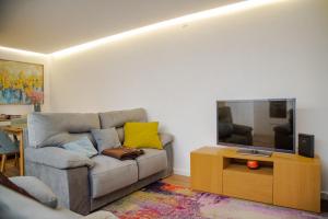 ein Wohnzimmer mit Couch und Flachbildfernseher in der Unterkunft Apartamento Fragosa - Vieira's Mar in Póvoa de Varzim