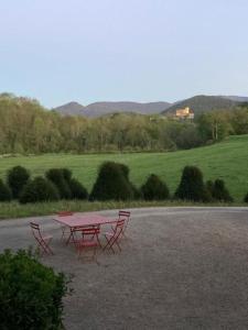 una mesa de picnic roja y sillas en un campo en Château au calme, pleine nature, 