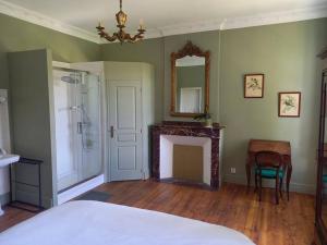 1 dormitorio con cama, chimenea y espejo en Château au calme, pleine nature 