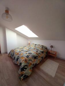 1 dormitorio con 1 cama con colcha colorida en La busco loge, en Chinon