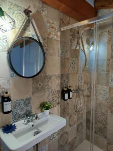 a bathroom with a sink and a shower at LA CASITA DEL CARRETERO in Bercimuel