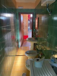 Baño verde con 2 aseos y lavamanos en Casa Manzo, en Montemurro
