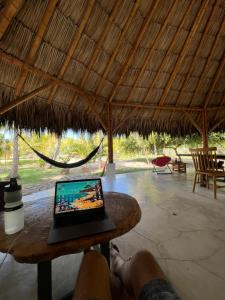 a person laying on a hammock with a laptop on a table at Sierra Sagrada Tayrona in Guachaca