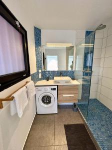 a bathroom with a washing machine and a shower at Appartement en rez-de-jardin in Baie Nettle