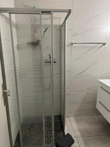 een douche met een glazen deur in de badkamer bij Hotel Restaurant du Moulin in Fleurier