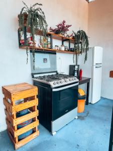 Il comprend une cuisine équipée d'une cuisinière et d'un réfrigérateur. dans l'établissement Casa Sunset, à Flores
