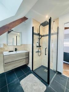 普洛埃默的住宿－Les Chênes en duplex，带淋浴、盥洗盆和淋浴的浴室