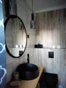 een badkamer met een zwarte wastafel en een spiegel bij AdMi in Krasnobród