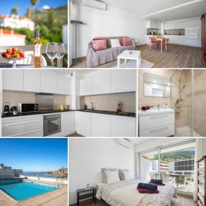a collage of photos of a kitchen and a living room at ROCAMARE Piscine toit terrasse - Parking privée - Terrasse in Menton