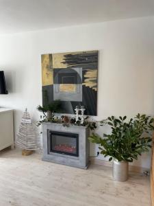 una sala de estar con chimenea y una pintura en Apartamenty Sudeckie nad zalewem, en Sosnówka