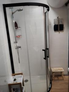 une douche avec une porte en verre dans une salle de bain dans l'établissement Maison de village Sarrians, à Sarrians 12 autres photos