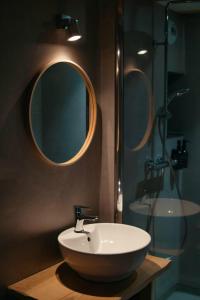 een badkamer met een wastafel, een douche en een spiegel bij La Ferme du Bien-etre in Saint-Julien-Chapteuil