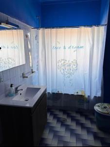 a bathroom with a shower curtain with a sink and a toilet at Propriedade dos Seixos in Moledo