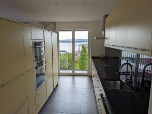 - une cuisine avec évier et vue sur l'océan dans l'établissement 4,5 room apartment with lake view, à Zoug