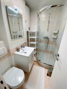 Cozy Apartment Bovec في بوفيك: حمام مع دش ومرحاض ومغسلة