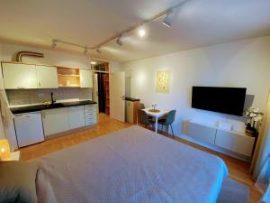 Cozy Apartment Bovec في بوفيك: غرفة بسرير ومطبخ مع تلفزيون