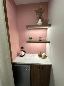 uma pequena cozinha com paredes cor-de-rosa e uma máquina de lavar louça em Incanto Luxury Suites 2 em Lepanto