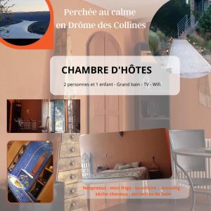 a collage of pictures of a room with a bed at la maison bleue in Ponsas