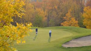 un grupo de tres personas caminando por un campo de golf en Boarders Inn and Suites by Cobblestone Hotels - Fayette, en Fayette