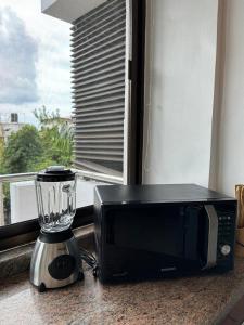a kitchen counter with a blender and a microwave at Secluded-Loft-2 BEDROOM-2-Bath in Dar es Salaam