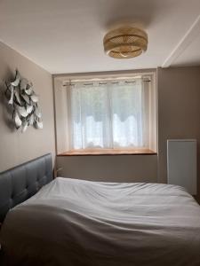 1 cama en un dormitorio con ventana y colcha en Les balcons de l'Arbizon, en Guchen