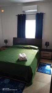 een slaapkamer met een groen bed met 2 handdoeken erop bij Star Dream Apartment in Xgħajra