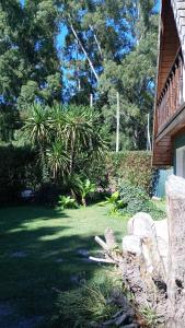 a yard with grass and trees and a house at Cabaña,Chalet Alpino Bosques de Peralta Ramos in Mar del Plata