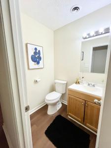 a bathroom with a toilet and a sink and a mirror at Charming 3BR 1.5BA Cozy Haven in Rome