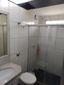 ein Bad mit einem WC, einem Waschbecken und einer Dusche in der Unterkunft Casa Bela Vista da Serra da canastra in São Roque de Minas