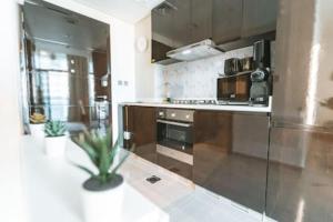 a kitchen with stainless steel appliances and a potted plant at Gorgeous Apt Studio with balcony in Business Bay in Dubai