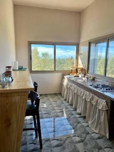 Oulad YoussefLa Casa Blanca • Ecolodge Vert的厨房配有柜台、水槽和窗户。