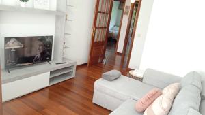 sala de estar con sofá y TV en O Portiño de Sigueiro # a 10 min de Santiago, en Sigüeiro
